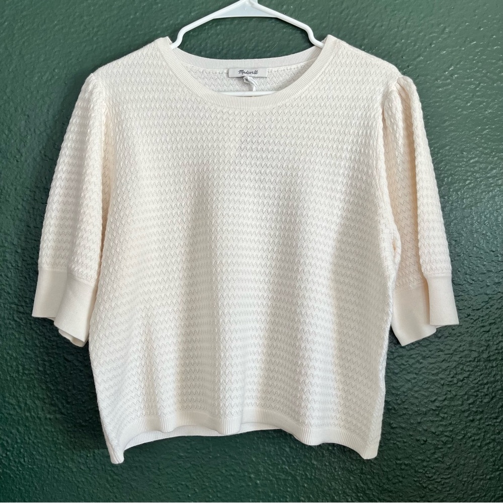 NWT Madewell Merino Wool-Silk Blend Puff-Sleeve Sweater Tee Ivory Women's XL